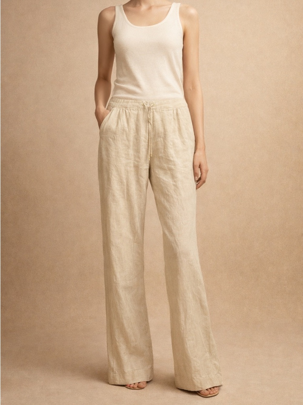 Ellen Tracy Beige Wide-Leg Linen Drawstring Pants - Picture 1 of 5